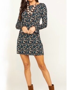 Free People Say Hello Long Sleeve Mini Dress XS Black Floral Bell Sleeve Boho